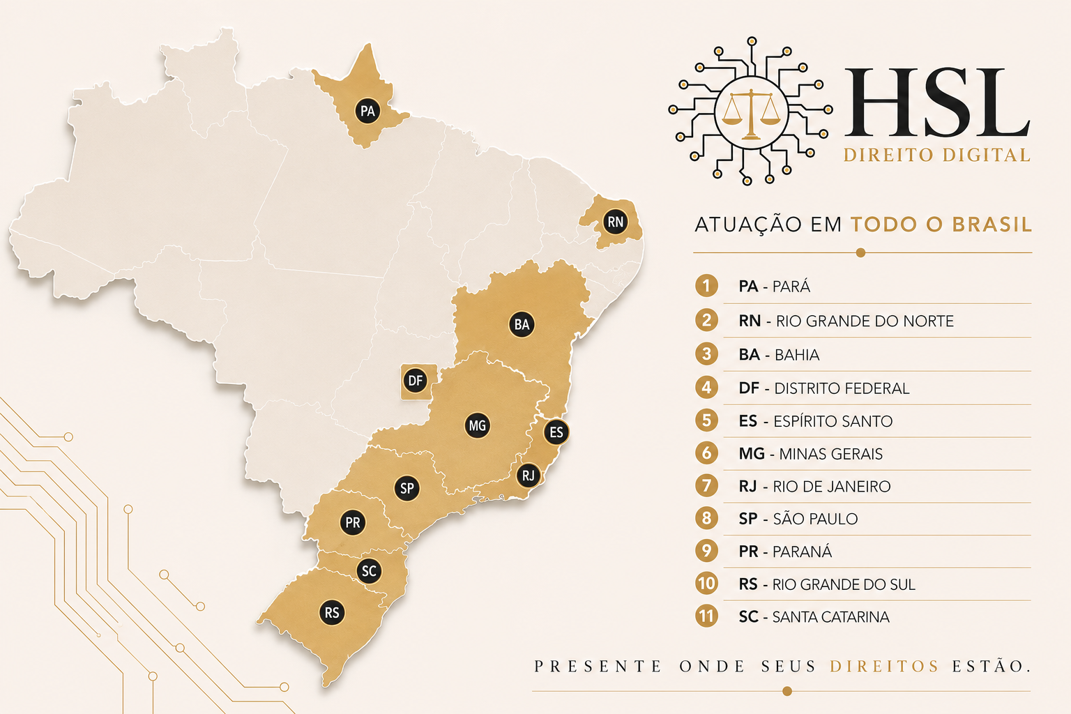 Mapa dos estados de atuação do HSL Direito Digital
